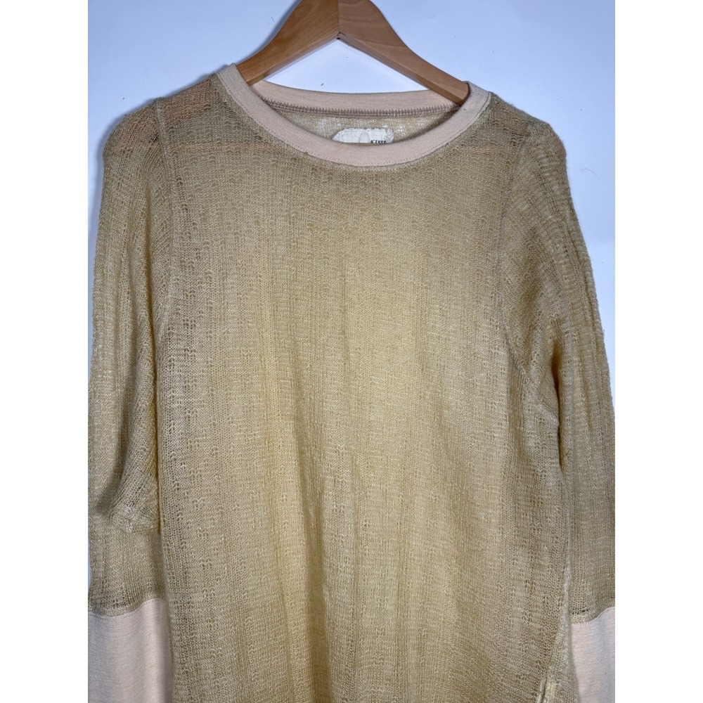 A'reve Women Sheer Open Knit High Low Sweater Tan Gold Long Sleeve Small